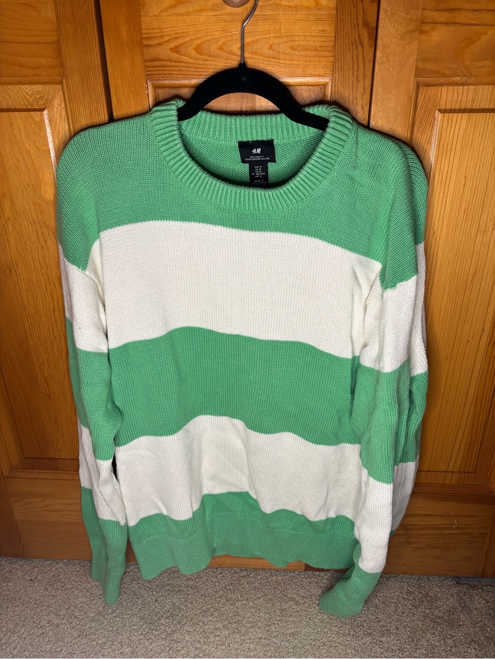 H&M Green and White Wide-Stripe Crewneck Sweater